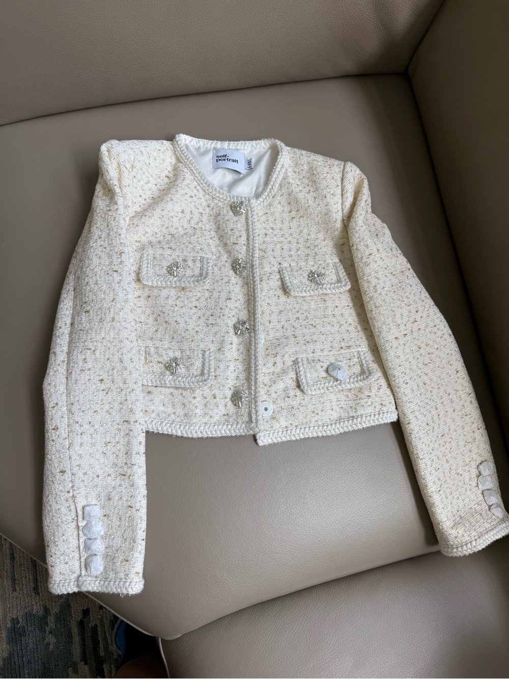 Self-Portrait Cream Bouclé Cropped Jacket with Jeweled Buttons
